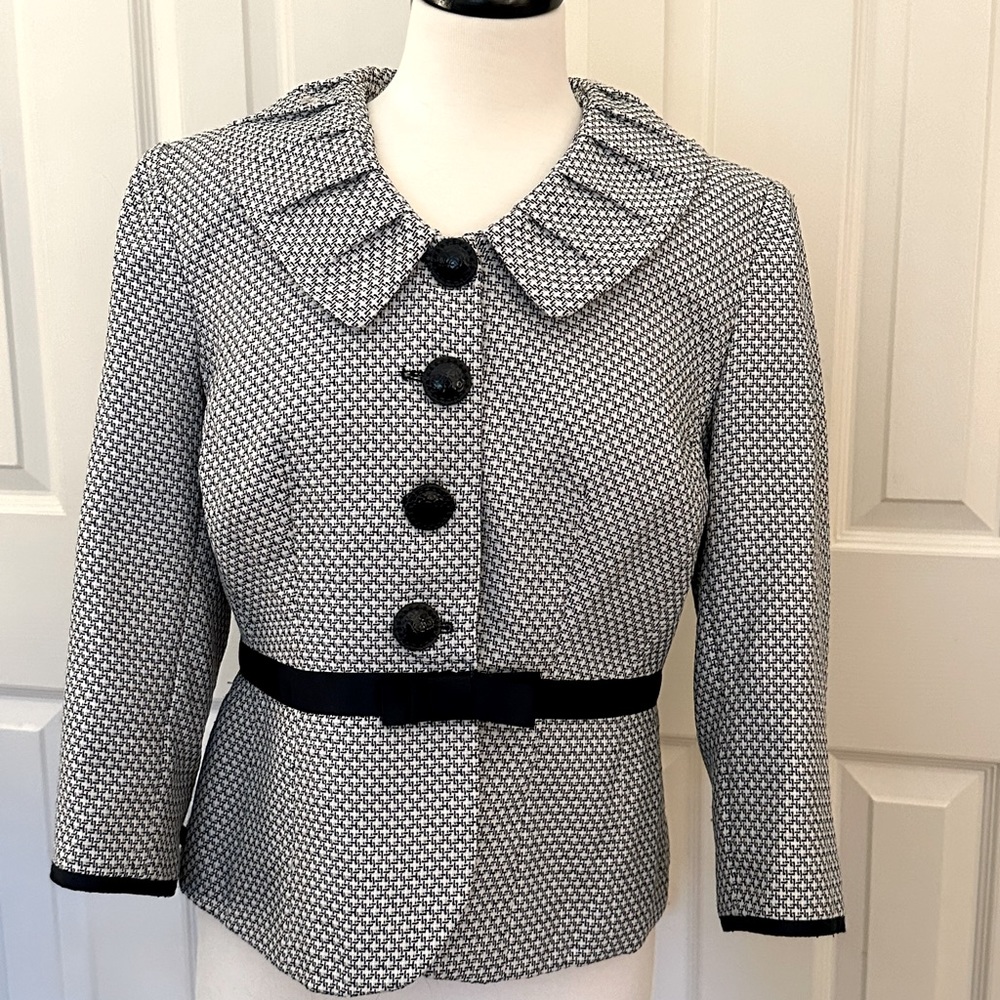 Analogy Pleated Jacket with 3/4 Sleeves and Ribbon Waist Details